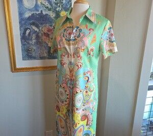 Mint Green Paisley Collared Maxi Dress with Vibrant Motif